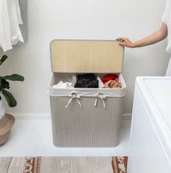 Grå bambus vasketøjskurv med 3 rum