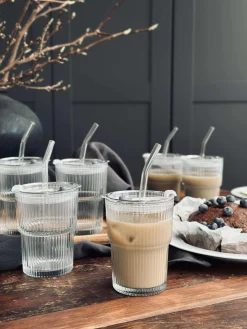 Latteglas med låg og sugerør - 6 stk