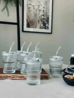 Latteglas med låg og sugerør - 6 stk