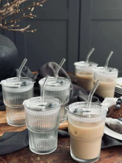 Latteglas med låg og sugerør - 6 stk