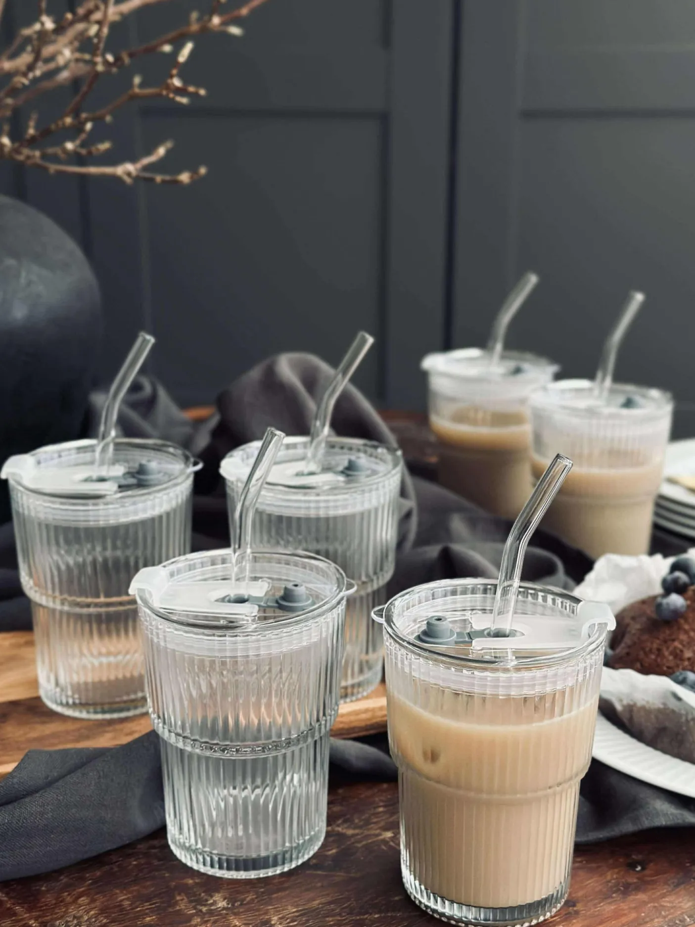 Latteglas med låg og sugerør - 6 stk