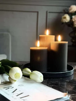 LED Bloklys Grå med riller - Sæt med 3 stk