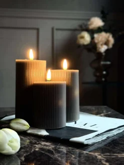 LED Bloklys Grå med riller - Sæt med 3 stk