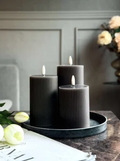 LED Bloklys Grå med riller - Sæt med 3 stk