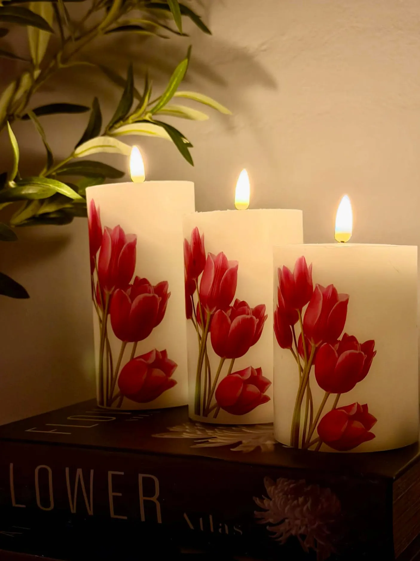 LED bloklys Tulipaner – Sæt m. 3stk og fjernbetjening