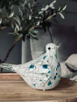 LED Fugl i mundblæst glas - Hvid