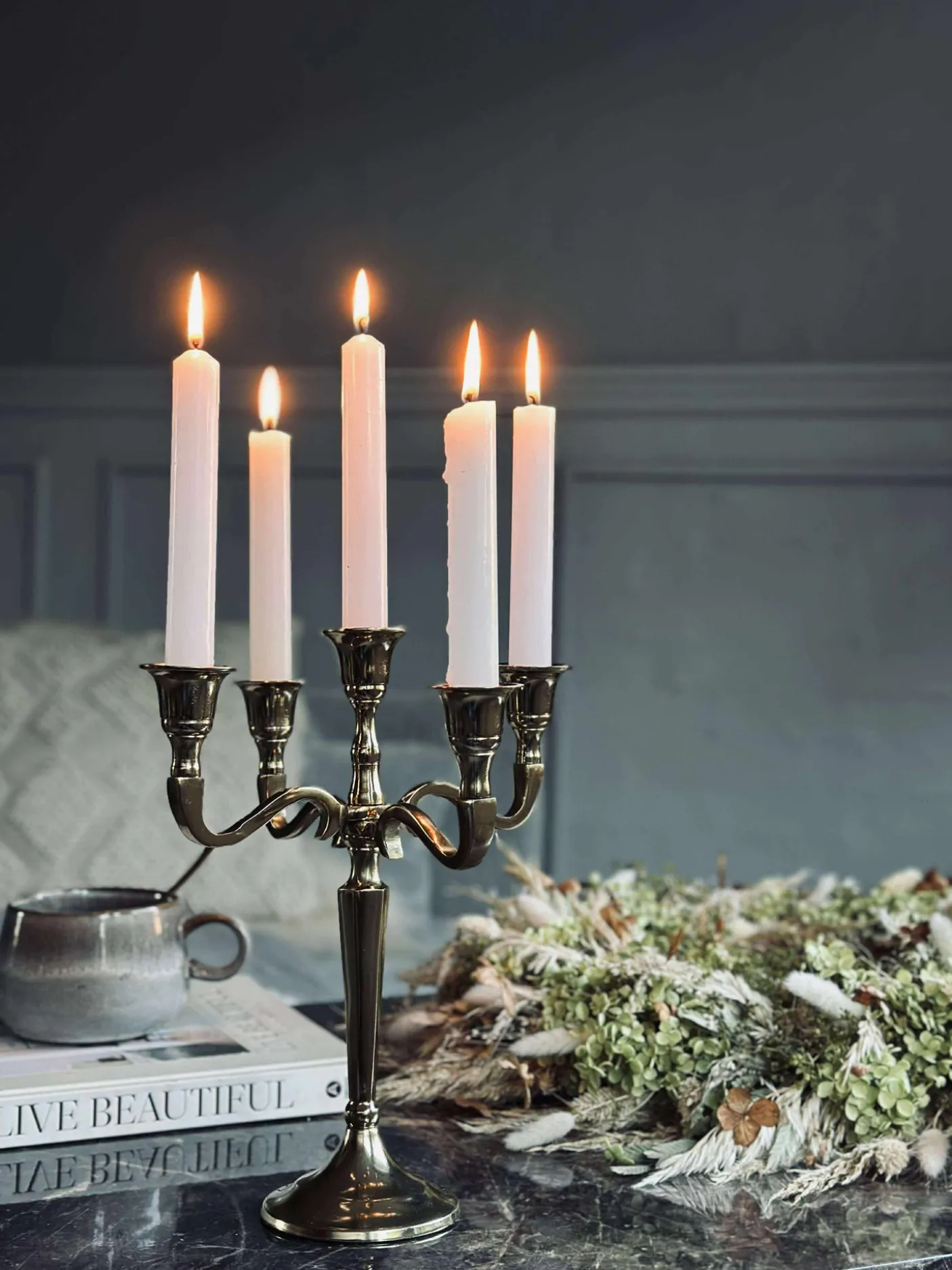 Lysestage Alu guld - 5 armet