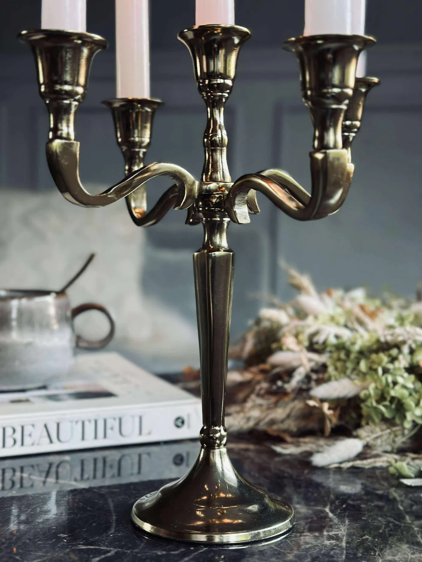 Lysestage Alu guld - 5 armet