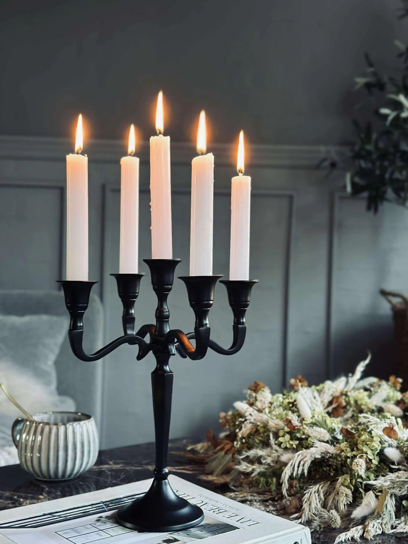 Lysestage Alu sort - 5 armet