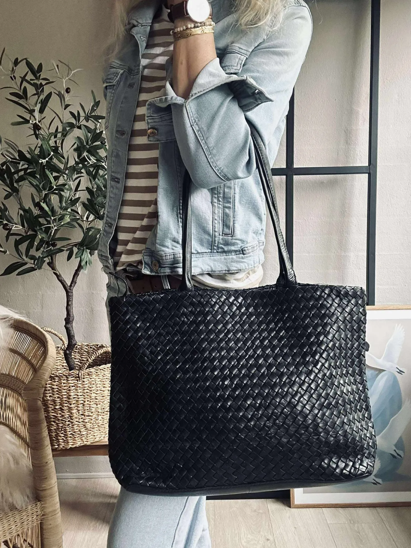 Shopper i flettet skind - Black