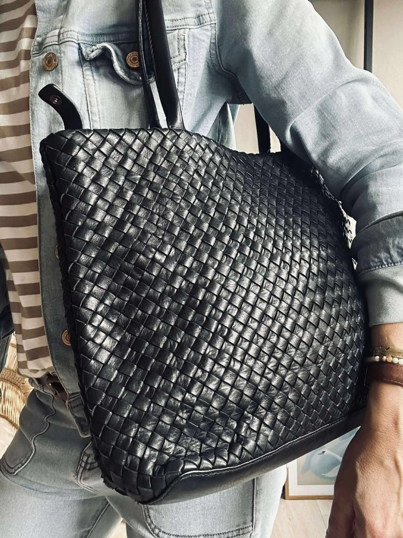 Shopper i flettet skind - Black