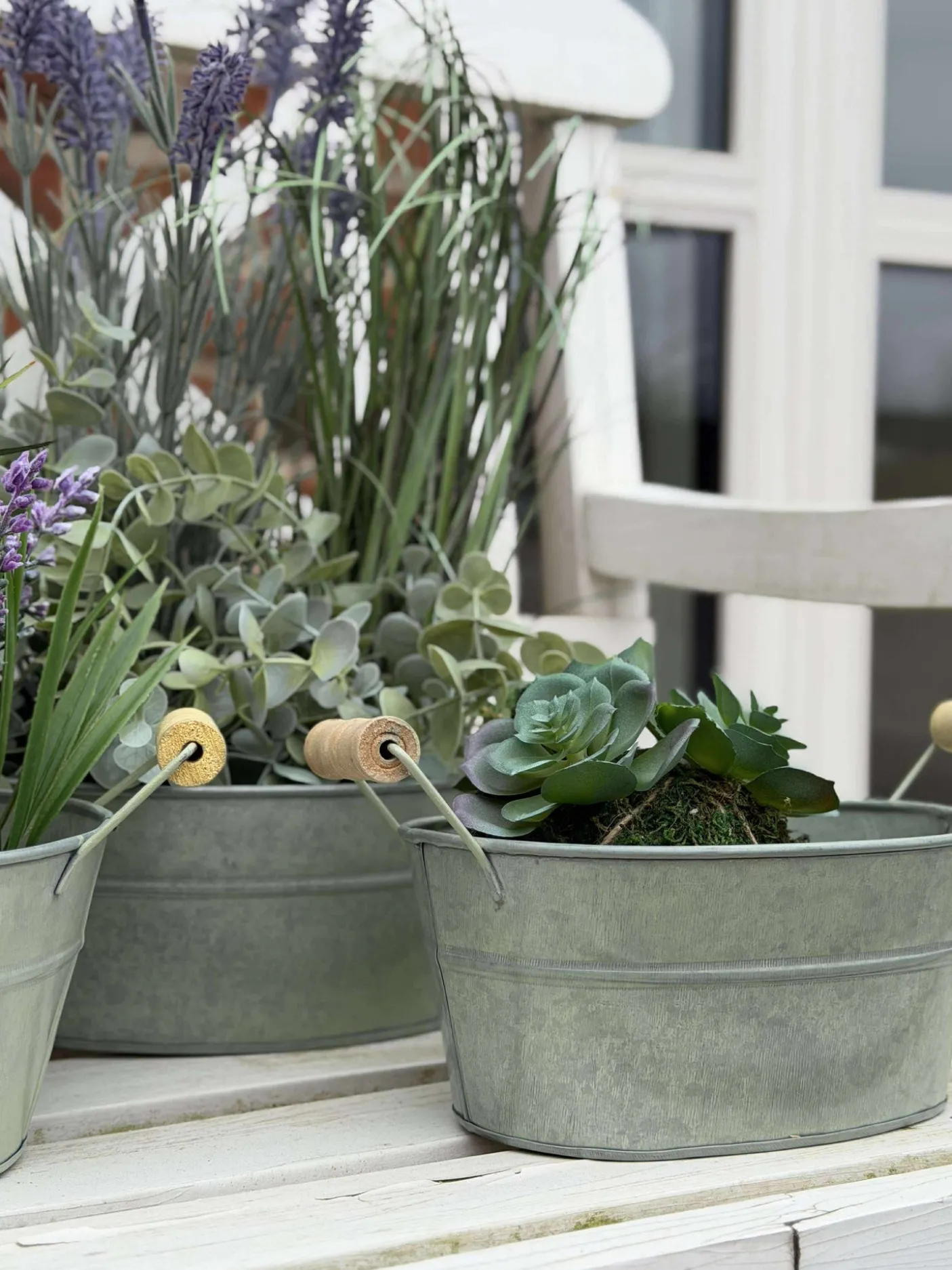 Zink baljer med træhank - Sæt med 3 stk.